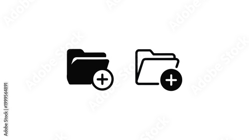 minimal folder add icon set with plus symbol, file directory upload concept, black and outline ui icons isolated on light background
