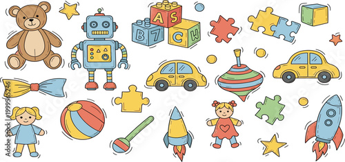 Kids Toy Icon Set Collection with Teddy Bear Robot Puzzle Car Rocket Doll Blocks and Playtime Symbols for Nursery Design