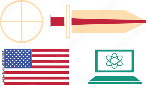 Iran and us flags with laptops and missile, global war escalation concept