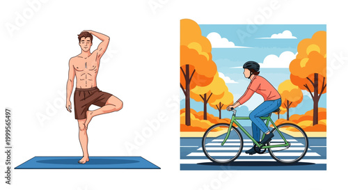 man practicing yoga and riding bicycle in autumn