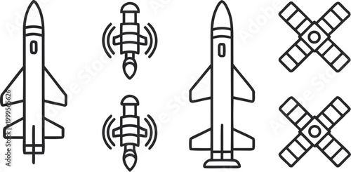 Military missiles, drones, radar systems, line style