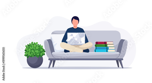man sitting on couch with laptop and books