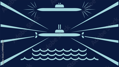 Of two submarines underwater, naval war scene with spotlights