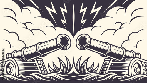 Vintage naval battle scene with cannons firing