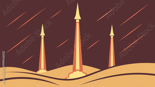 Ballistic missiles launching from desert, warhead explosion
