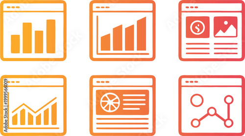 Digital marketing infographic 6 browser window with gradient pink and orange graphs and charts