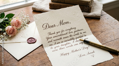 Letter addressed to mom with flowers and pen on wooden table  