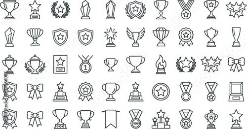 Comprehensive collection of award line icons featuring trophies, medals, stars, laurel wreaths, and winner cups for celebrating success, achievement, competition, and leadership excellence in design.
