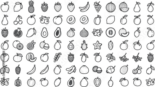 Comprehensive collection of fresh fruit and berry line icons featuring apple, banana, strawberry, pineapple, citrus, and tropical fruits for healthy eating, grocery retail, and culinary graphic design