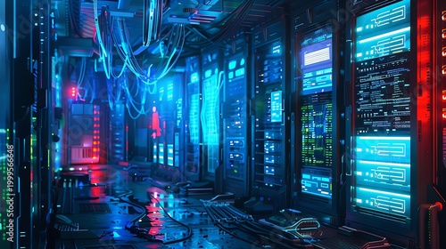 Futuristic Neon Library: Digital Data, Cybersecurity, and Technology in a Vibrant Sci-Fi Landscape