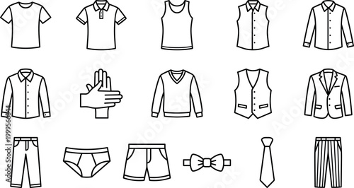 Comprehensive collection of men's clothing line icons featuring t-shirts, shirts, pants, suits, and accessories for fashion retail, wardrobe planning, and apparel design projects.