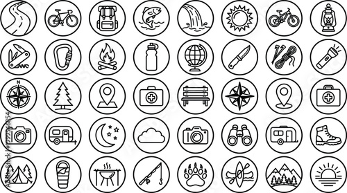 Comprehensive collection of outdoor adventure and camping line icons featuring hiking gear, mountain biking, fishing, forest nature, and tourism symbols for travel and vacation projects.