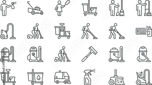 Comprehensive collection of professional cleaning service line icons featuring janitorial staff, vacuuming, window washing, lawn mowing, and sanitation equipment for commercial and residential mainten
