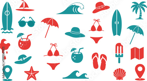 Set of colorful summer beach icons including surfboard palm tree bikini sunglasses and tropical drink symbols for vacation