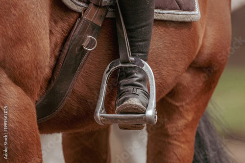 Horse stirrup and riding boot close-up. Leg in stirrup on brown horse. Details of professional horse equipment. Rider's leg in leather boot in metal horse stirrup. Shallow depth of field. 