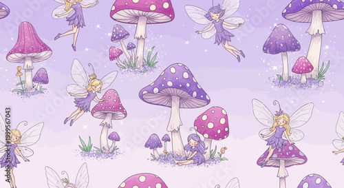 whimsical fairies and mushrooms in purple hues fantasy scene