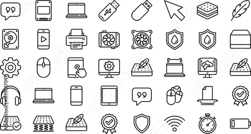 Comprehensive computer technology and hardware line icons set featuring laptops, smartphones, storage devices, peripherals, and electronic components for IT support, software development, and digital 
