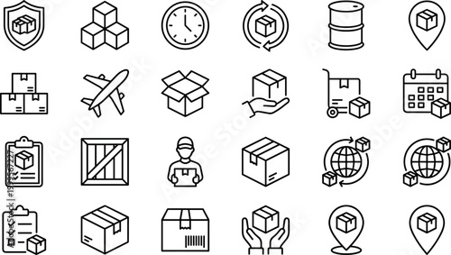 Comprehensive logistics and shipping line icons set featuring delivery boxes, global distribution, cargo transportation, warehouse storage, and supply chain management symbols for professional e-comme