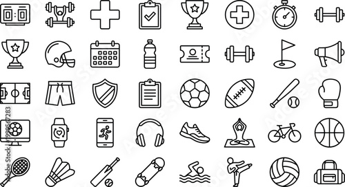 Comprehensive sports and fitness line icons set featuring athletic equipment, gym gear, competition awards, and healthy lifestyle symbols for professional workout training, tournament management, and 