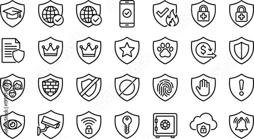 Comprehensive security and data protection line icons set featuring shield symbols for cyber safety, home surveillance, financial insurance, and identity privacy for professional corporate network sec