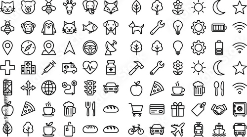Large bundle of multipurpose line icons including animals, nature, technology, medical, transportation, food, and business symbols for diverse web design, mobile applications, and creative infographic
