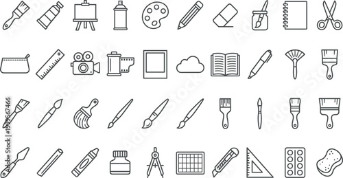 Detailed collection of art supplies and creative stationery line icons including brushes, palettes, pencils, cameras, and craft tools for artistic education, professional studio branding, and digital 