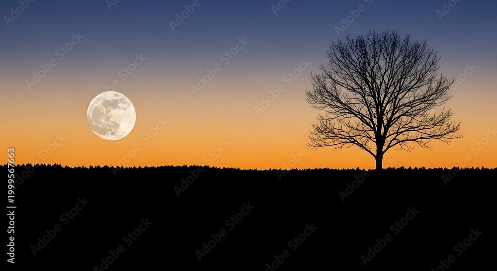 Fototapeta premium Silhouette of a bare tree against a twilight sky with a large glowing full moon rising