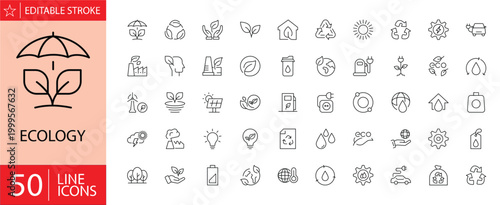 Ecology icons set. Includes symbols of nature, environment, sustainability, recycling, renewable energy, conservation, and eco-friendly concepts. Editable stroke. Vector illustration. Outline icons.