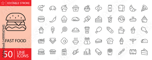 Fast Food Icons Set. Including burgers, pizza, fries, hot dogs, sandwiches, soda, ice cream, and more. Editable stroke. Vector illustration. Outline icons.