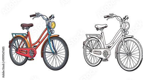 Vintage city bicycle vector illustration set. Hand drawn classic bike, colored version and black and white line art outline for coloring book.