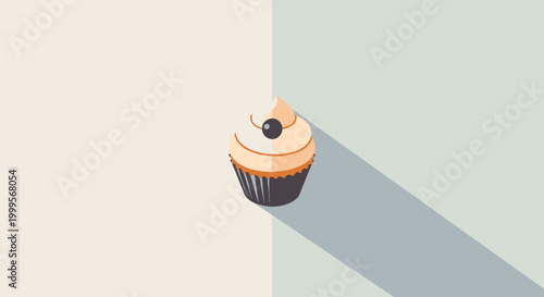A minimalist illustration of a single cupcake with a dark berry on top, casting a long shadow on a pastel background