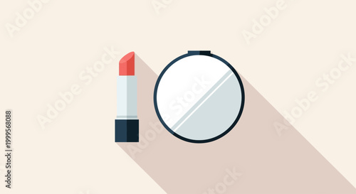 Vector illustration of a lipstick and a compact mirror with a long shadow, representing beauty and cosmetics