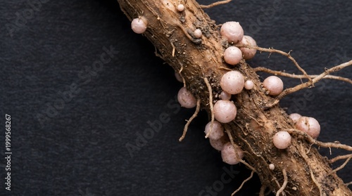 Rhizobium root nodule, nitrogen fixation in agriculture ,organic texture background, copy space
