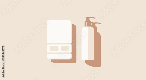 A minimalist illustration of a rolled towel and a pump bottle, suggesting spa, wellness, or bathroom hygiene