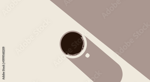 A minimalist overhead shot of a steaming cup of coffee casting a long shadow on a neutral background