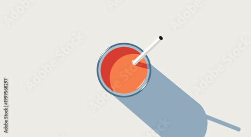 Minimalist flat design illustration featuring a refreshing drink in a glass with a straw, casting a distinct long shadow on a clean surface, emphasizing simplicity and vibrant color