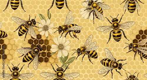 Vintage honeybees on honeycomb with white flowers pattern