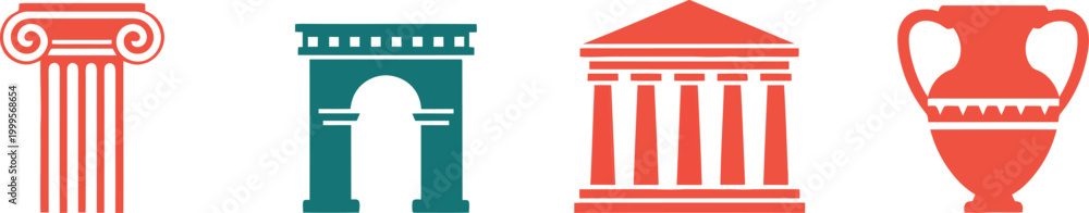 Fototapeta premium Set of ancient Greece symbols featuring a classic pillar, triumphal arch, monumental temple building, and ceramic vase
