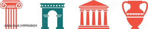 Set of ancient Greece symbols featuring a classic pillar, triumphal arch, monumental temple building, and ceramic vase