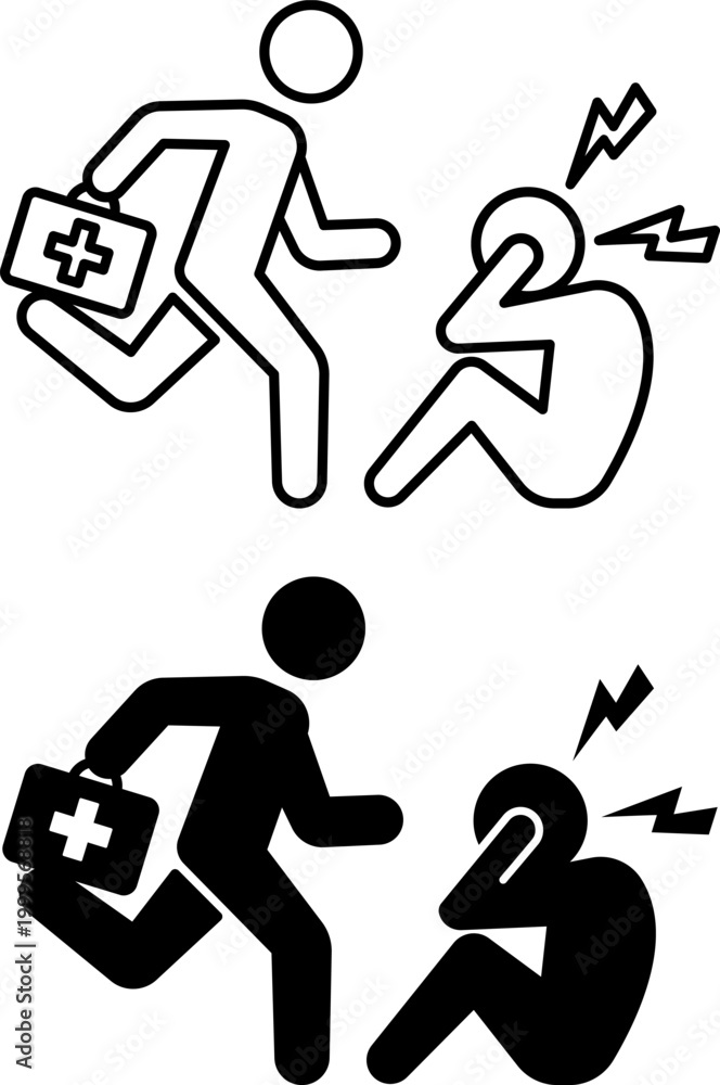 Fototapeta premium First Aid Icons. Line and Glyph Vector Icons. Doctor with a Medical Case Running to a Sick Person. Emergency Aid for a Victim. Emergency Situation Concept