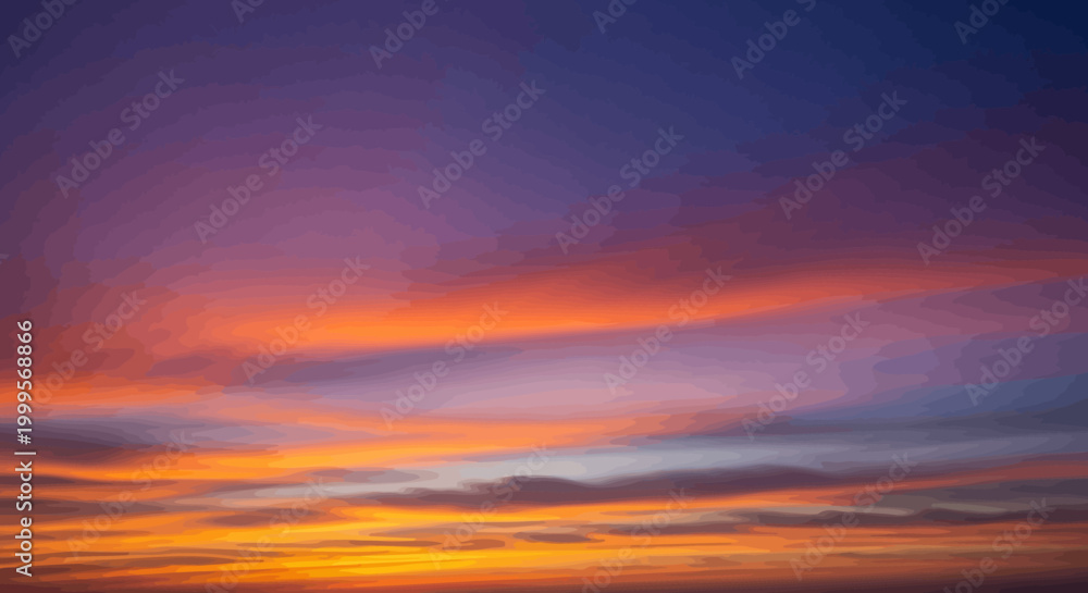 Fototapeta premium Vibrant orange and purple sunset sky with wispy clouds at dusk