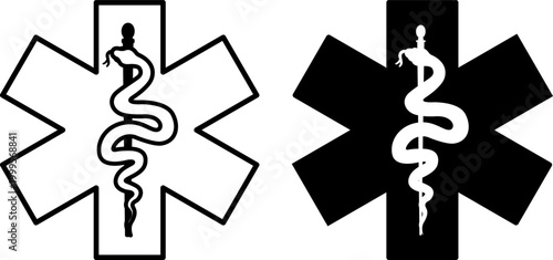 Paramedic Icons. Line and Glyph Vector Icons. Paramedic Sign, Star, and Staff with Snake. Specialists Providing Prehospital Emergency Care. Emergency Situation Concept