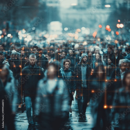 Diverse crowd with facial recognition grid overlay on city street at dusk in blue tones