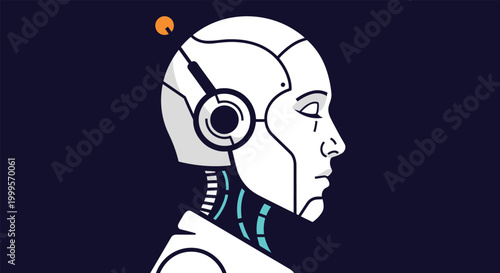Side profile of a futuristic white robot head with visible internal circuitry and a dark navy blue background.