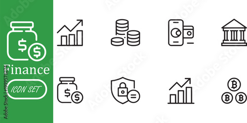 Finance and Digital Banking Icon Set: Professional Vector Line Art for Cryptocurrency, Money Savings, Secure Online Payments, Growth Analytics, Bitcoin, and Financial Security Assets