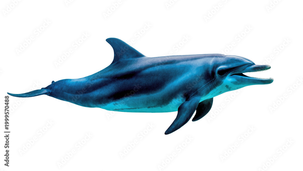 Fototapeta premium Blue sleek dolphin swimming with dark shadow and light reflection