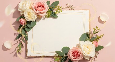 Elegant floral border frames blank paper with delicate rose and eucalyptus accents