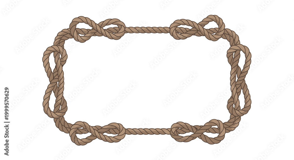 Fototapeta premium Nautical Rope Border Frame with Decorative Knots, Isolated on White Background