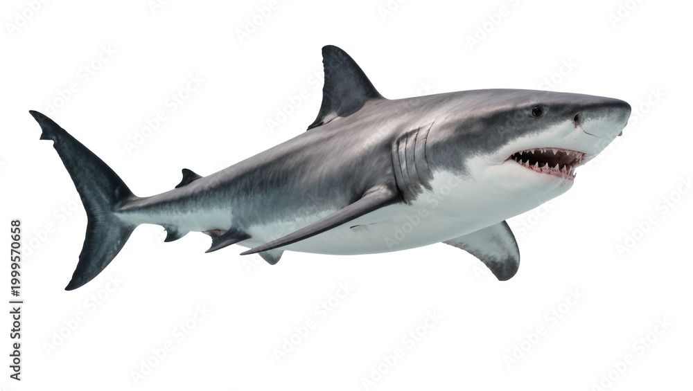 Fototapeta premium Gray Great White Shark Swimming with Open Mouth and Visible Teeth