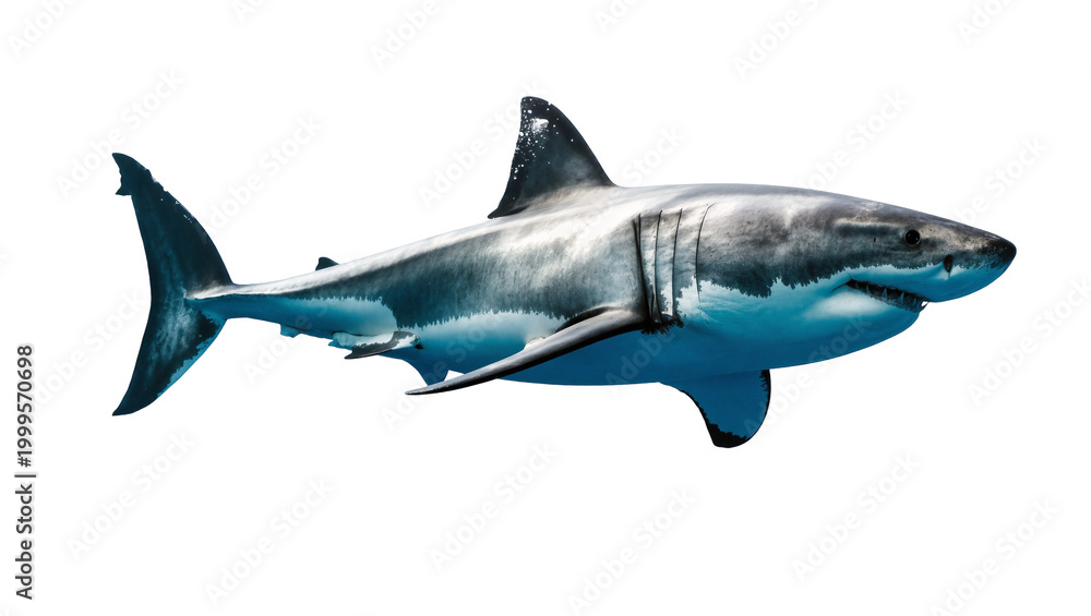 Obraz premium Large Great White Shark Swimming Underwater with Blue Water